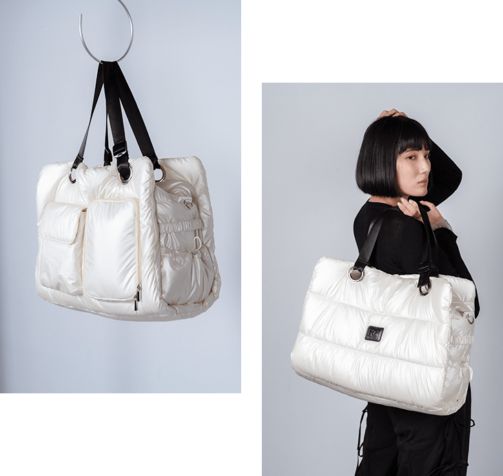 バッグとバッグを持って椅子に座る女性